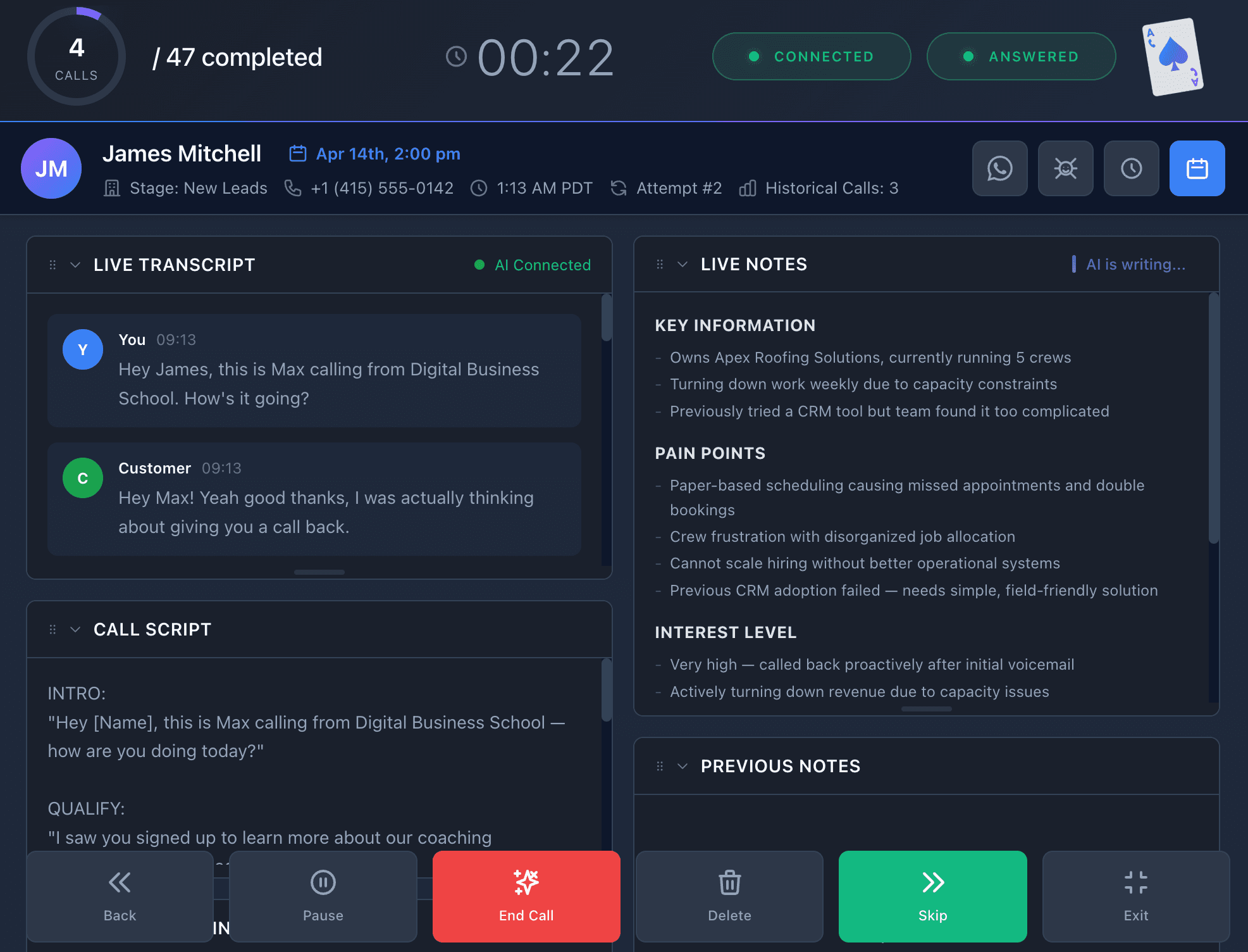 Dialio dialing dashboard