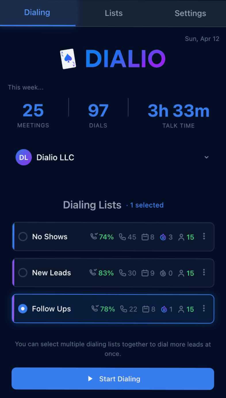 Dialio homepage with dialing lists