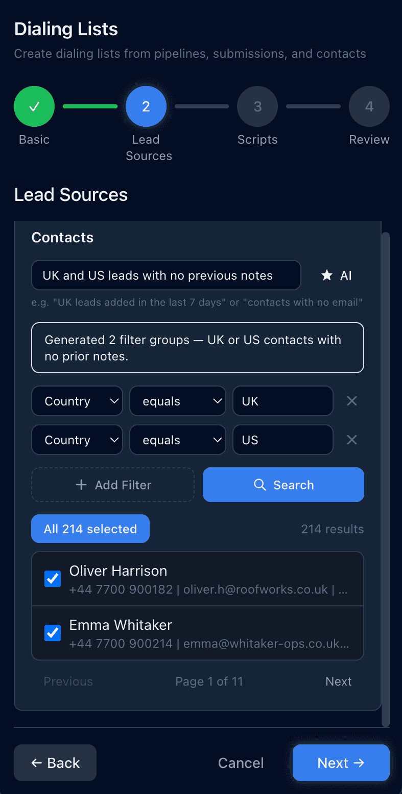 Dialio dialing list creation wizard with AI query